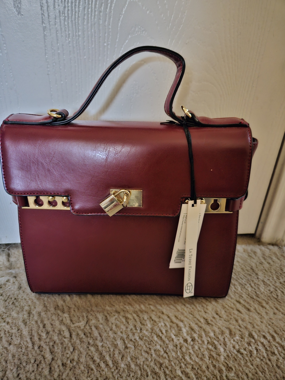 Structured Burgundy Leather Top-Handle Satchel with Gold Hardware